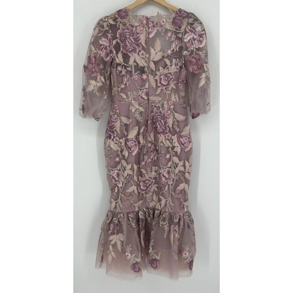 Marchesa Notte Puff Sleeve Midi Dress in Multicolor